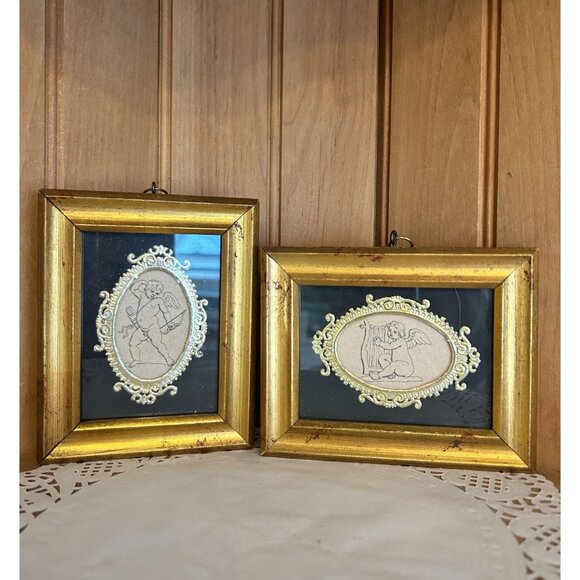 Vintage Gold Framed Cupid Angel Illustrations Ornate Gold Matte Miniature Wall D - Picture 1 of 7